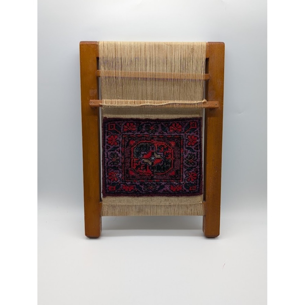 Vintage Handmade Miniature Turkish Wool Rug Loom 14x10 Wooden Frame‎ Sample EUC